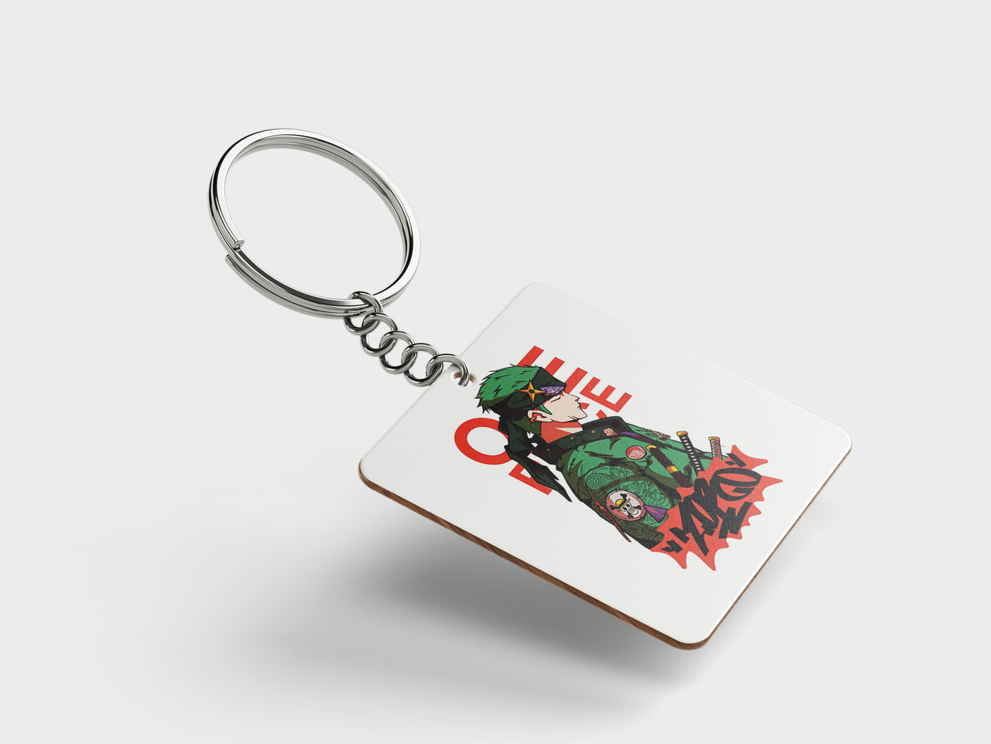 ZORO One Piece Streetwear_ Essential Printed Square Shape Wooden Keyring with Chain