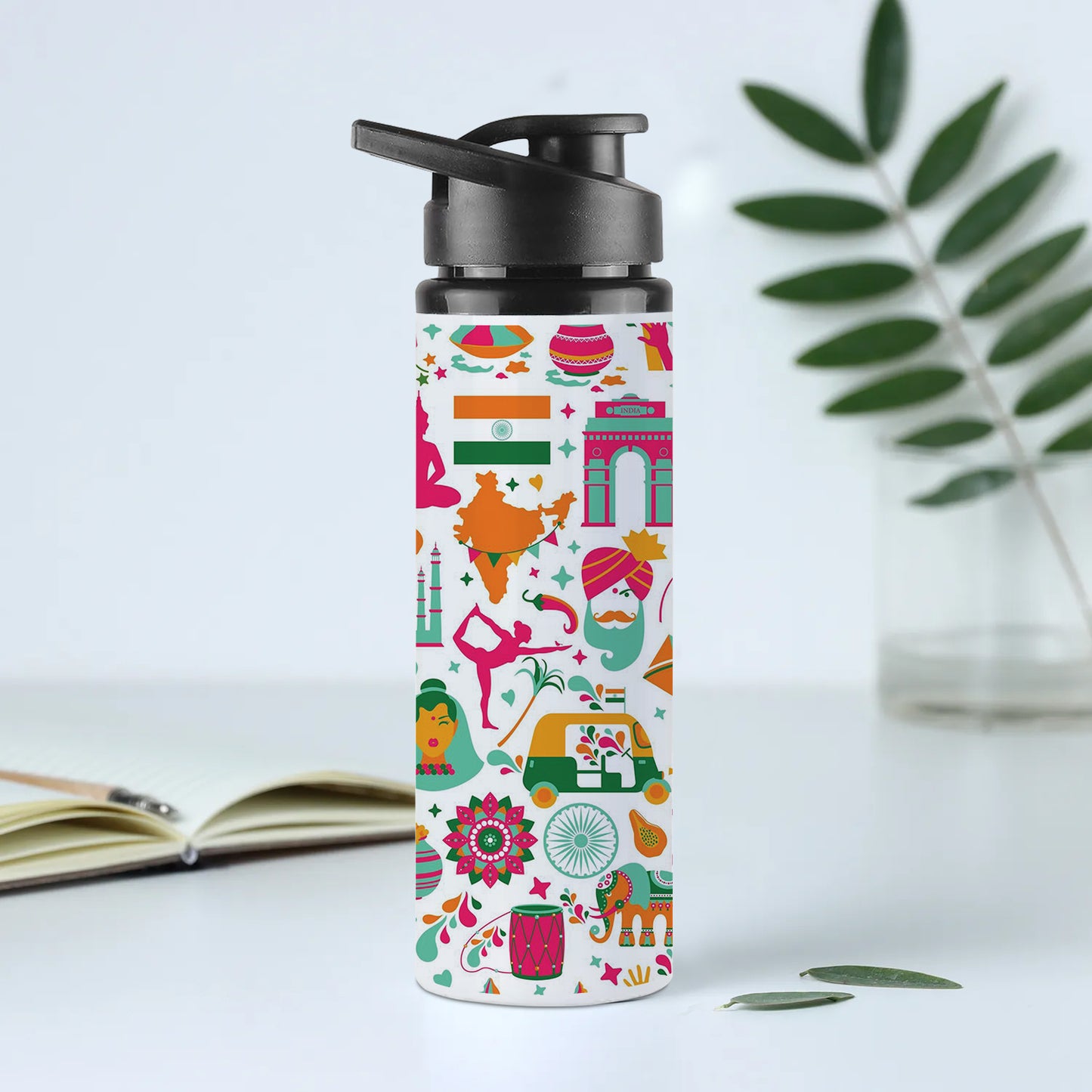 Indian architecture and Asian traditions set Pro Vector Printed Eagle Shape Water Bottle 750 ml For Gym, Yoga, Kids, Boys, Girls, Brother, Sister, Babies, Baby, Workout, Adults