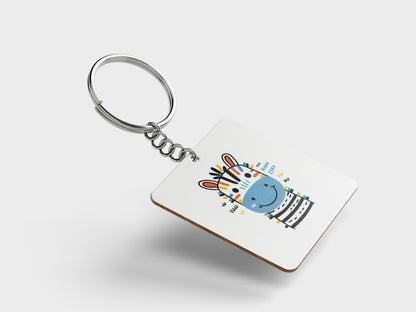 Colorful Standing Zebra Printed Square Shape Wooden Keyring with Chain