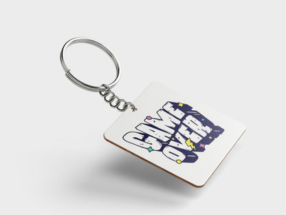 Game Over Digital Graphic Design Printed Square Shape Wooden Keyring with Chain