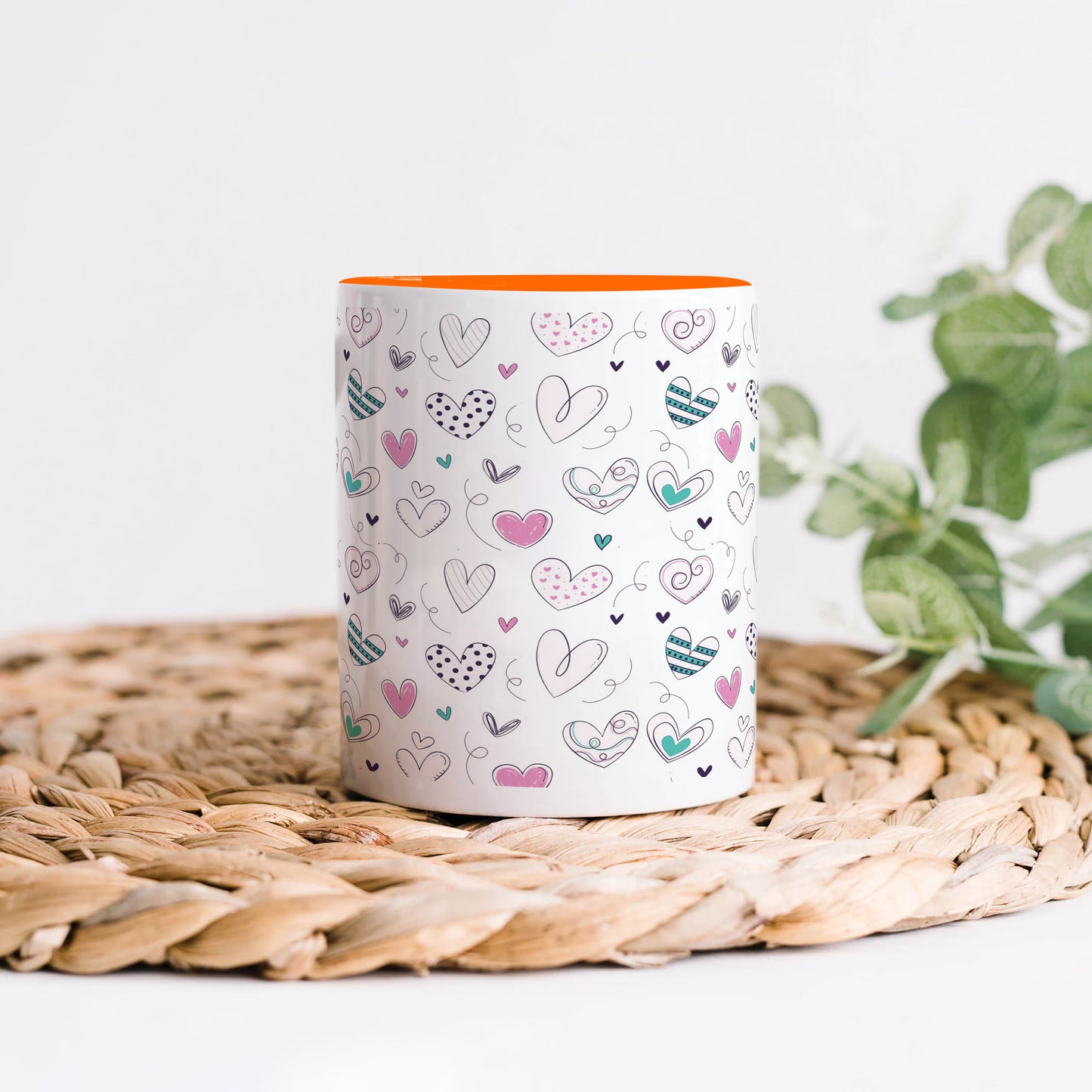 Pretty hearts pattern design Orange Handle 330 ml Coffee Mug
