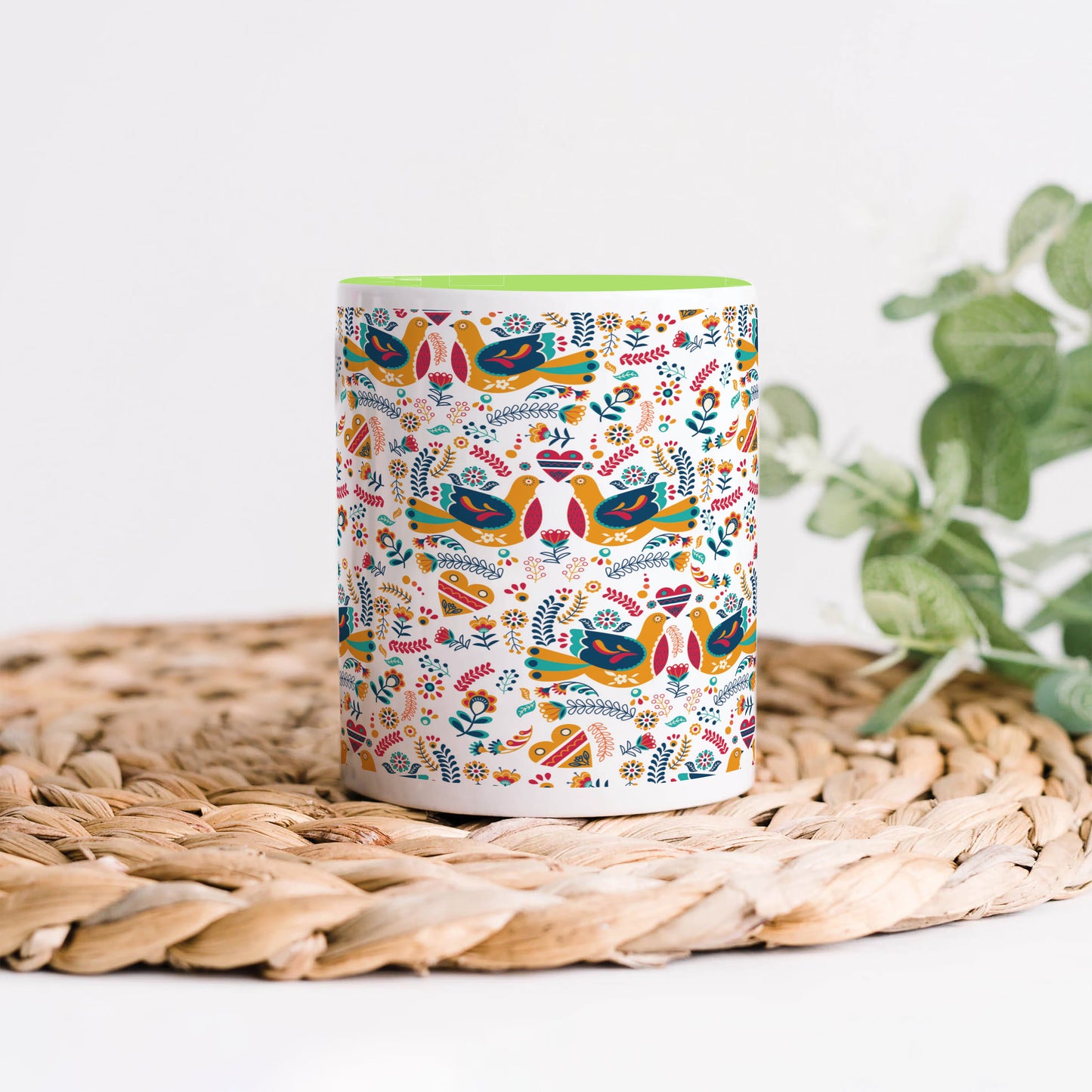 Flat design nordic pattern design Light Green Handle 330 ml Coffee Mug