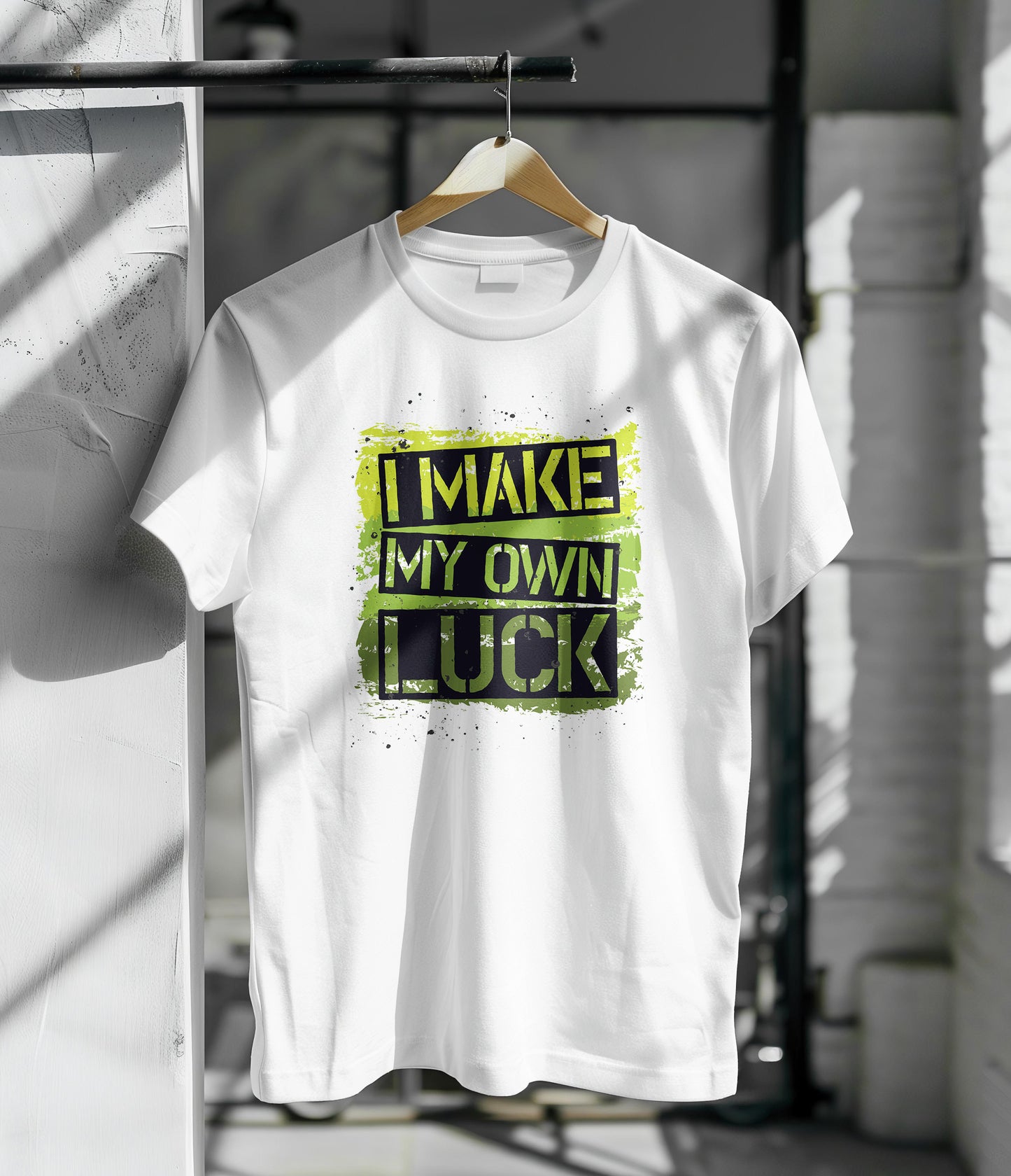 I make my own luck text design Printed White Round Neck Polyester T Shirt for Mens and woman's