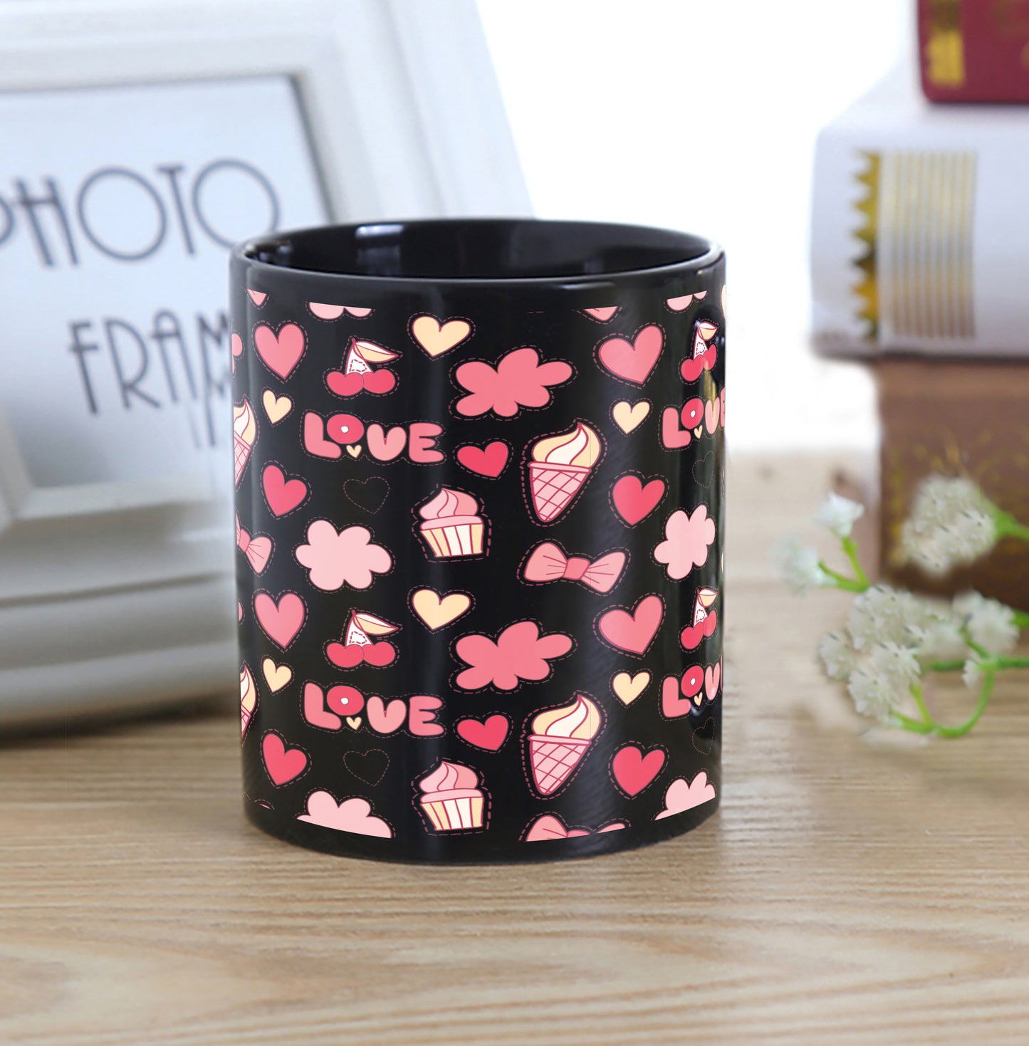 Retro pattern of decorative love elements design Full Black 330 ml Coffee Mug