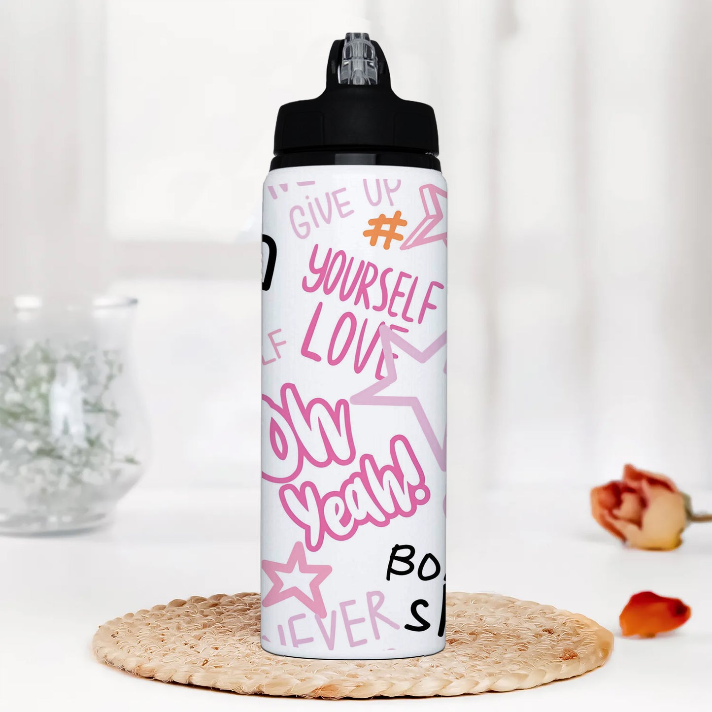 Fashion abstract seamless pattern with graffiti words Printed Black Nozzle Water Bottle 750 ml For Gym, Yoga, Kids, Boys, Girls, Brother, Sister, Babies, Baby, Workout, Adults