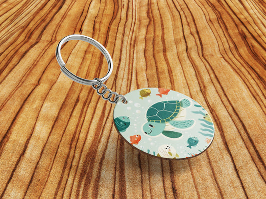 There are sea turtles swimming in the ocean with corals Nursery Painting Printed Round Circle Shape Wooden Keyring with Chain