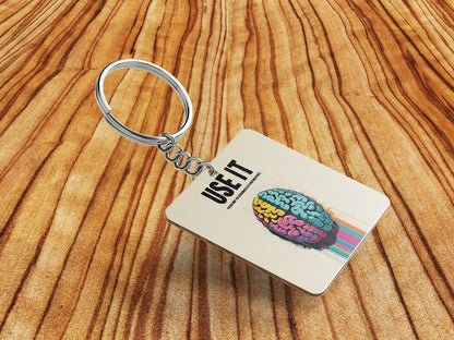 Vibrant Dual Hemisphere Brain Art Motivational Printed Square Shape Wooden Keyring with Chain