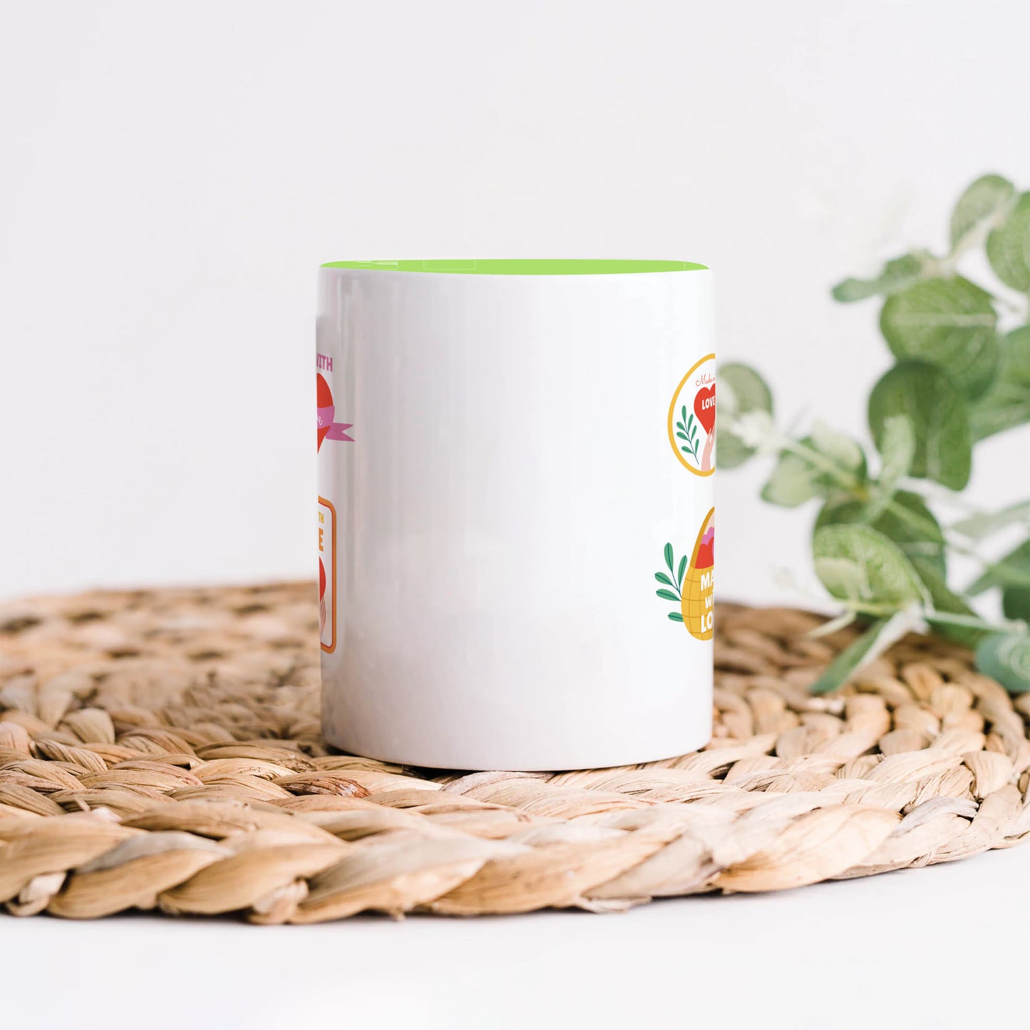 Hand drawn made with love floral label design Light Green Handle 330 ml Coffee Mug