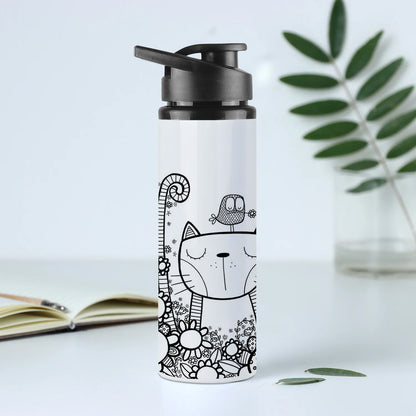 Black in white doodle art cat and birds Printed Eagle Shape Water Bottle 750 ml For Gym, Yoga, Kids, Boys, Girls, Brother, Sister, Babies, Baby, Workout, Adults