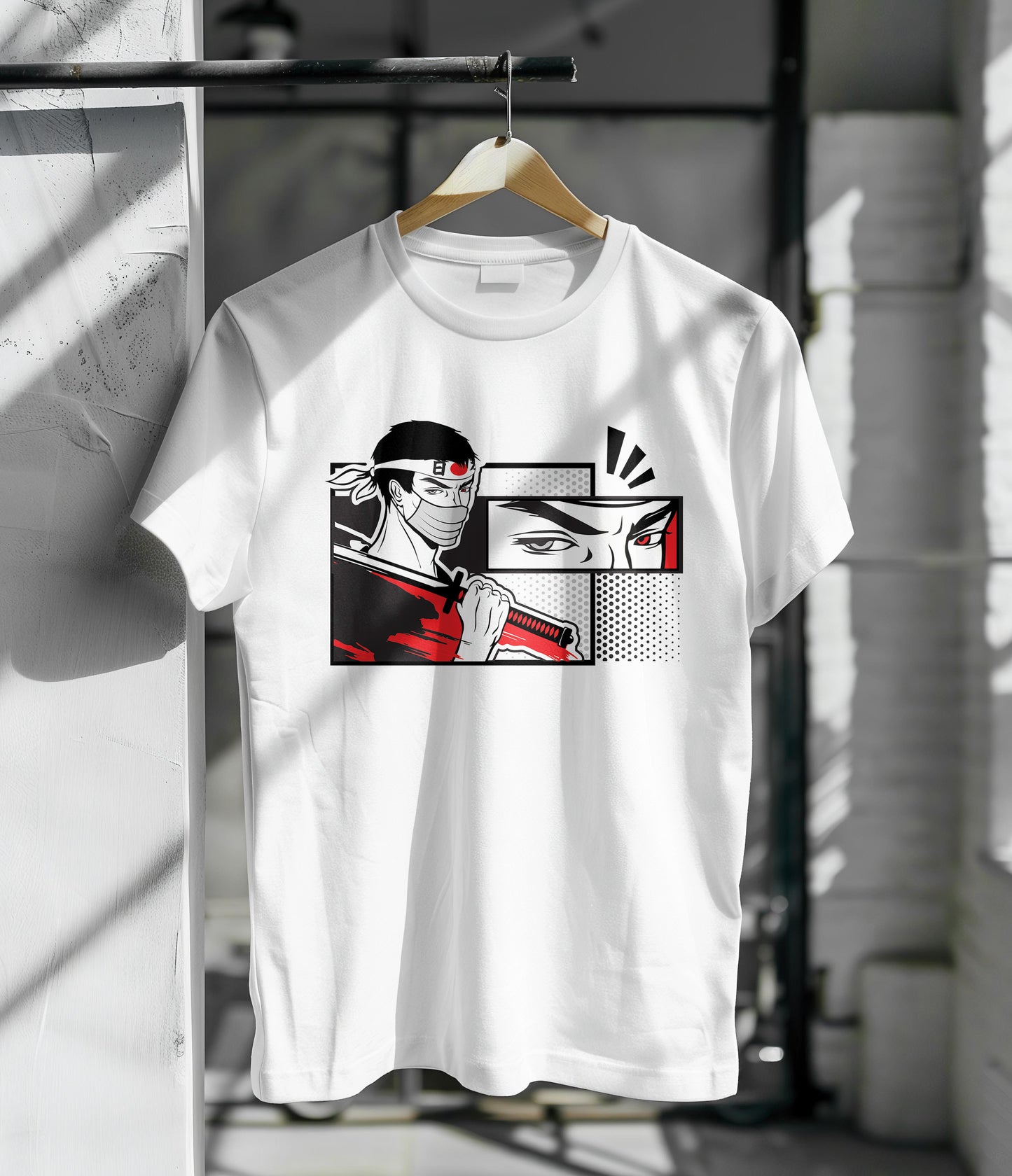 Masked samurai warrior holds a katana on his shoulder Printed White Round Neck Polyester T Shirt for Mens and woman's