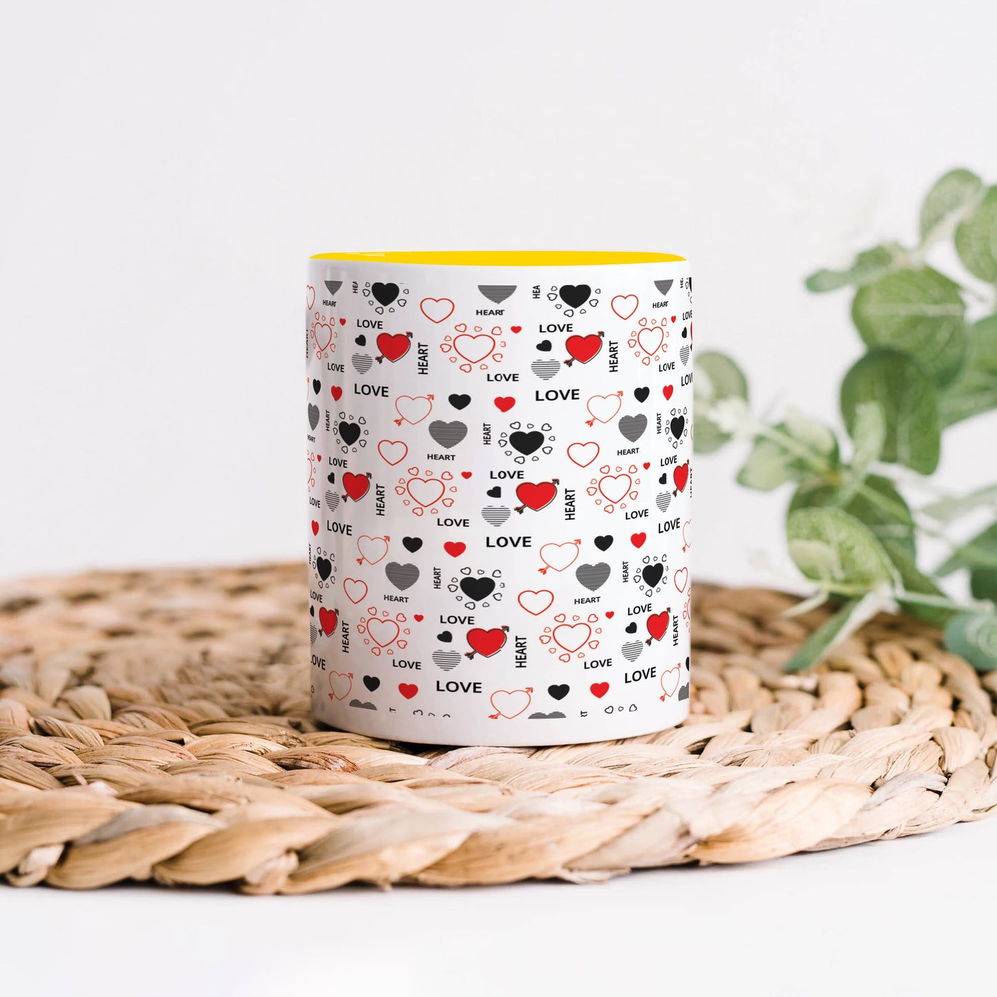Romantic Hand Drawn Elements With Love Lettering design Yellow Handle 330 ml Coffee Mug