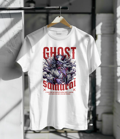 Ghost Samurai Printed White Round Neck Polyester T Shirt for Mens and woman's