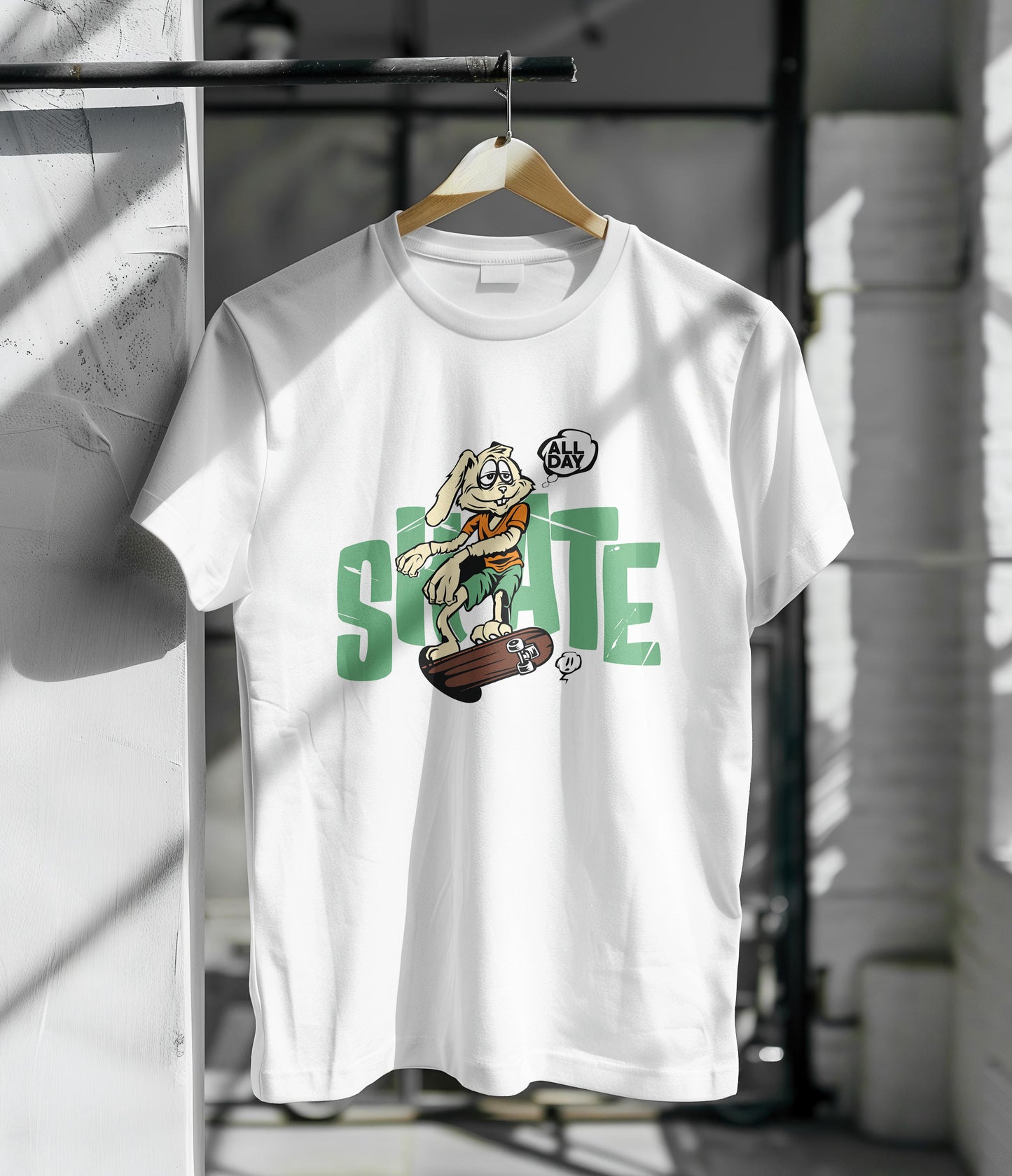 Bunny with Skateboard Text All Day Skate design Printed White Round Neck Polyester T Shirt for Mens and woman's