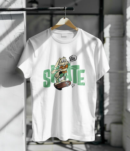 Bunny with Skateboard Text All Day Skate design Printed White Round Neck Polyester T Shirt for Mens and woman's
