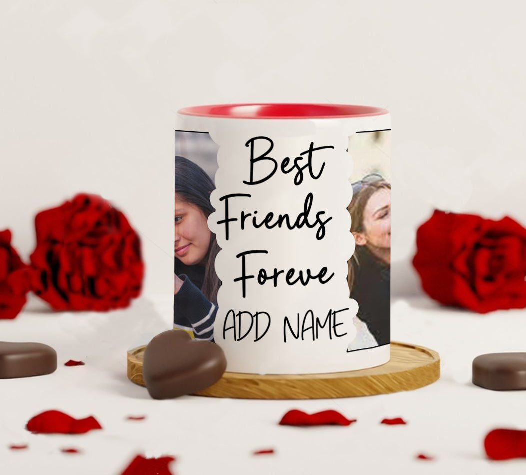 Best Friend forever customized add two photos red heart handle  330 ml Coffee Mug