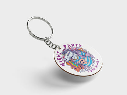Creative and colorful creature illustration Design Printed Circle Shape Wooden Keyring with Chain