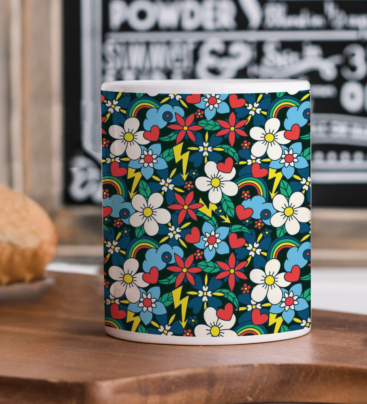 Rainbow and heart Floral Pattern Printed 330 ml White Coffee Mug with Square Shape Wooden Keyring and Chain