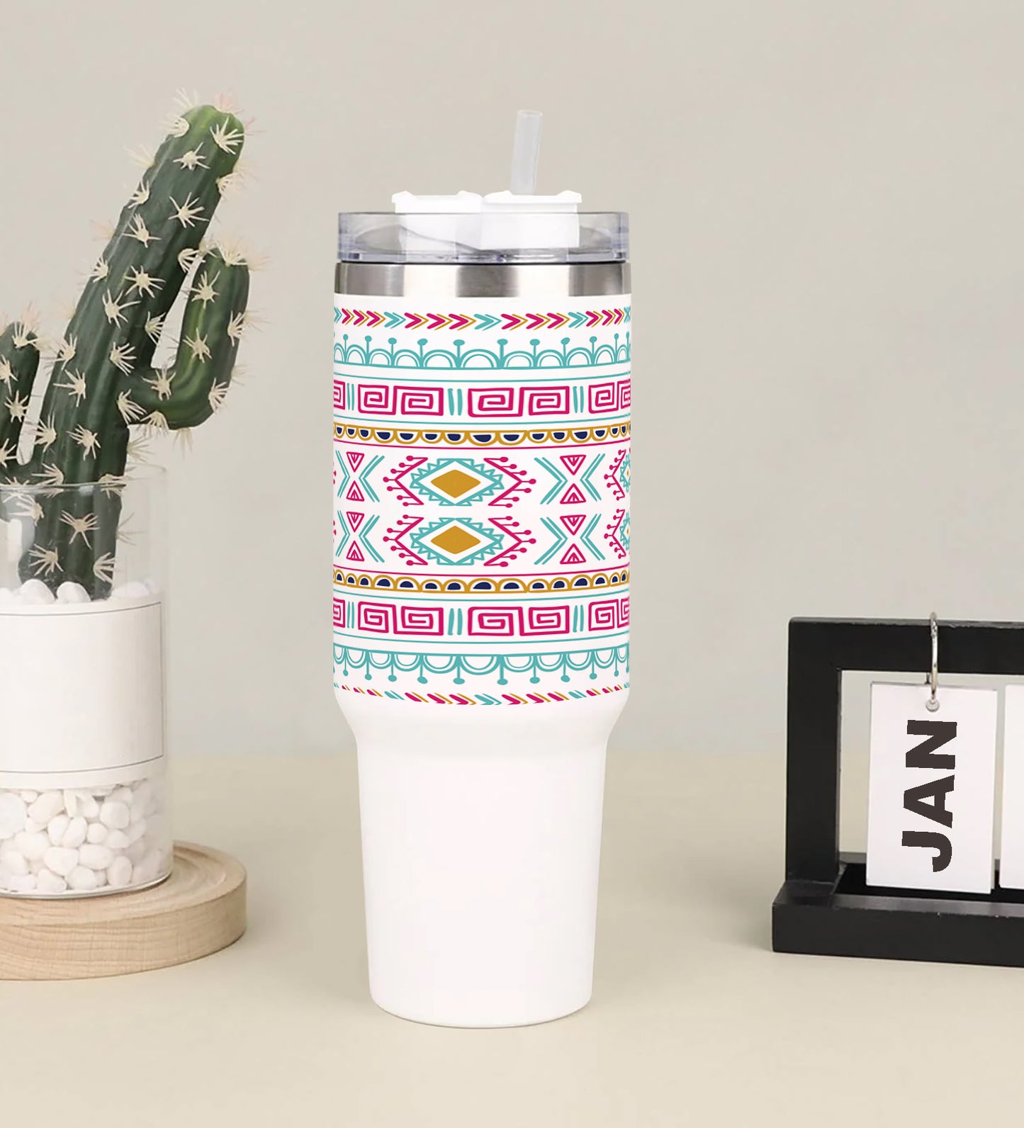 Vector tribal ethnic seamless pattern Printed 850ML with Lid Leak Proof Big Travel Tumbler with Handle and Straw