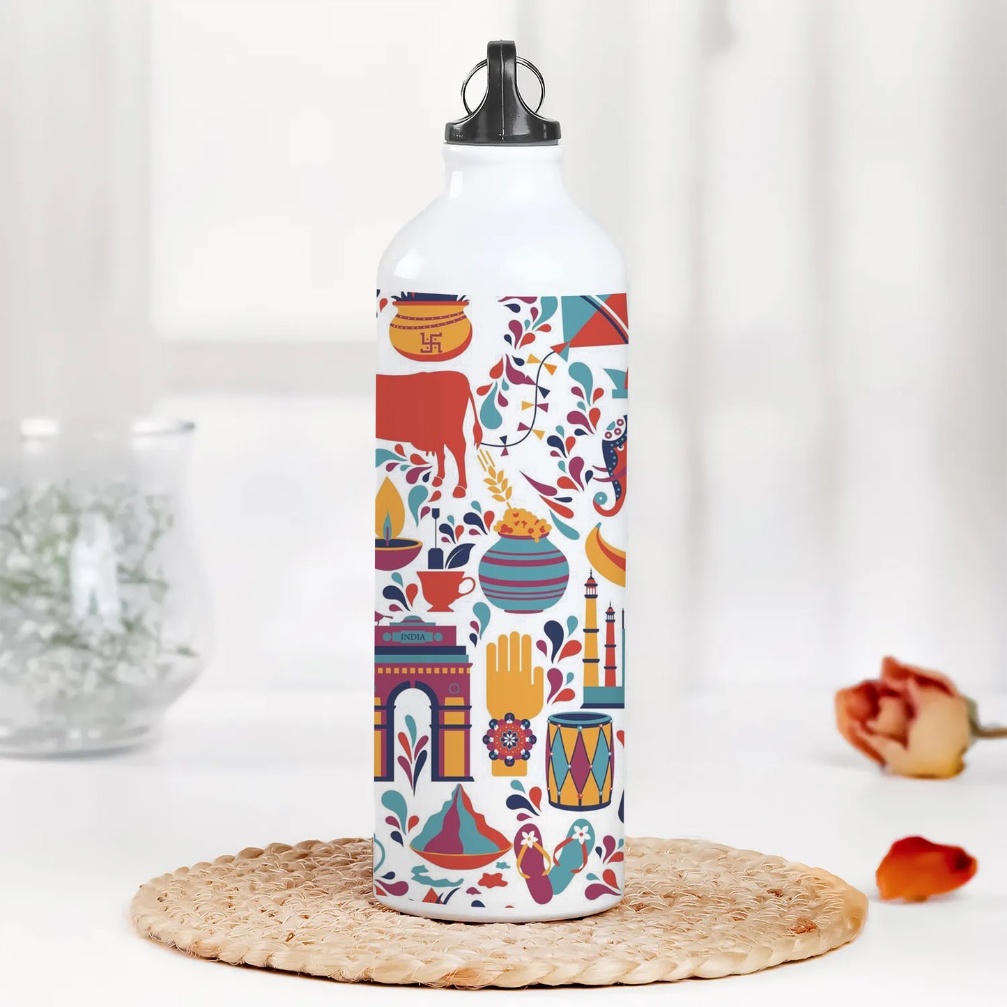 Indian architecture and Asian traditions set Pro Vector 2 Printed Normal Sipper Water Bottle 750 ml For Gym, Yoga, Kids, Boys, Girls, Brother, Sister, Babies, Baby, Workout, Adults