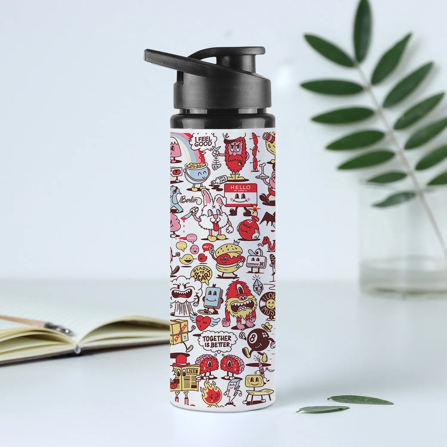 Cartoon doodle Pattern Printed Eagle Shape Water Bottle 750 ml For Gym, Yoga, Kids, Boys, Girls, Brother, Sister, Babies, Baby, Workout, Adults