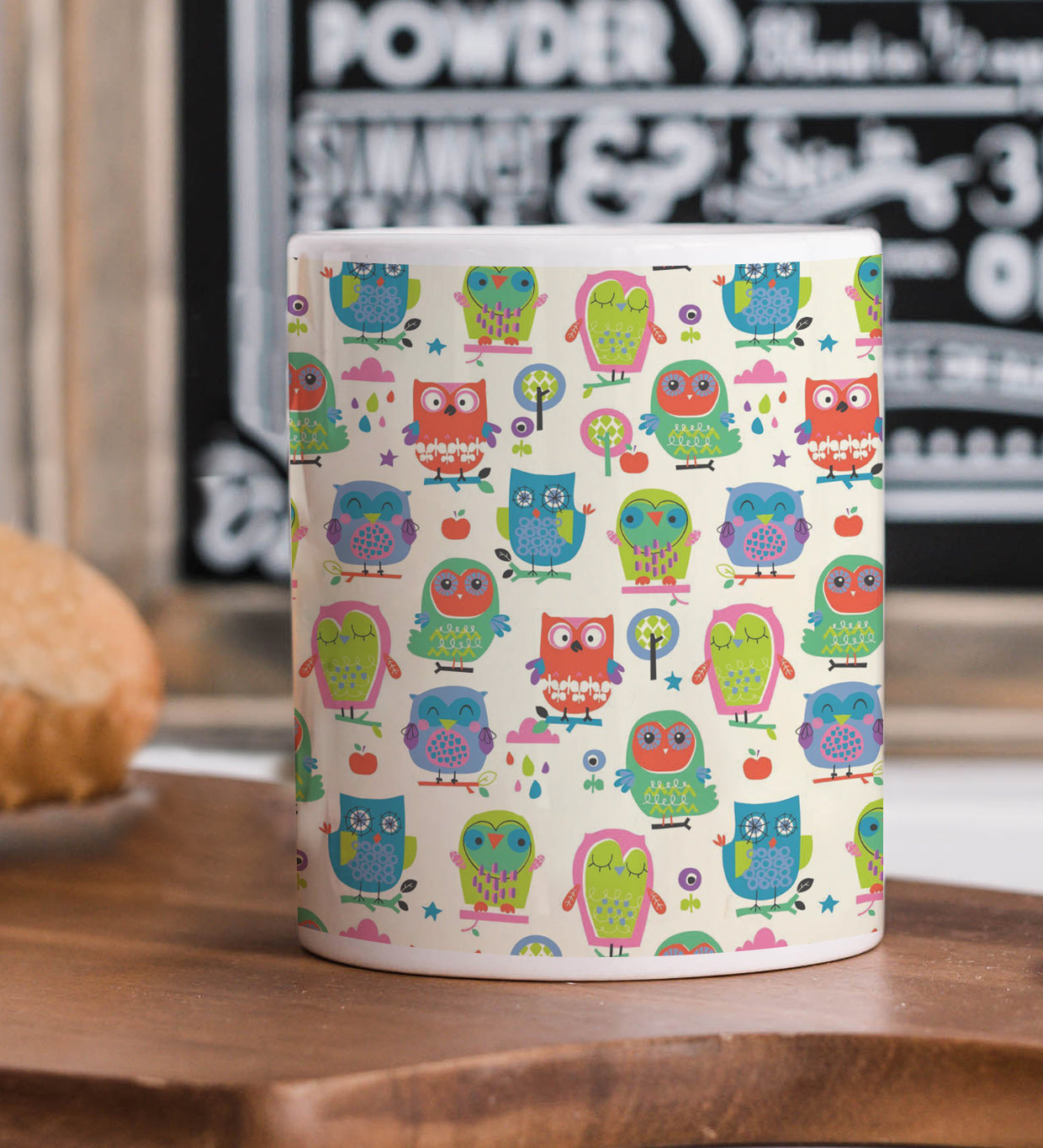 Owl Pattern Printed 330 ml White Coffee Mug with Square Shape Wooden Keyring and Chain