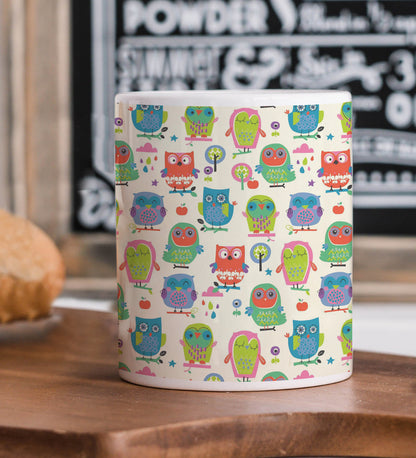 Owl Pattern Printed 330 ml White Coffee Mug with Square Shape Wooden Keyring and Chain