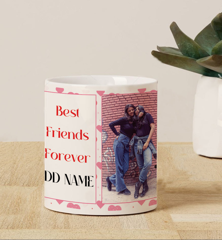 Best Friend forever customized add two photos white heart handle  330 ml Coffee Mug