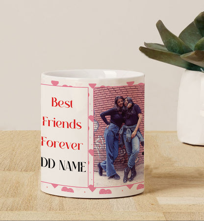 Best Friend forever customized add two photos white heart handle  330 ml Coffee Mug