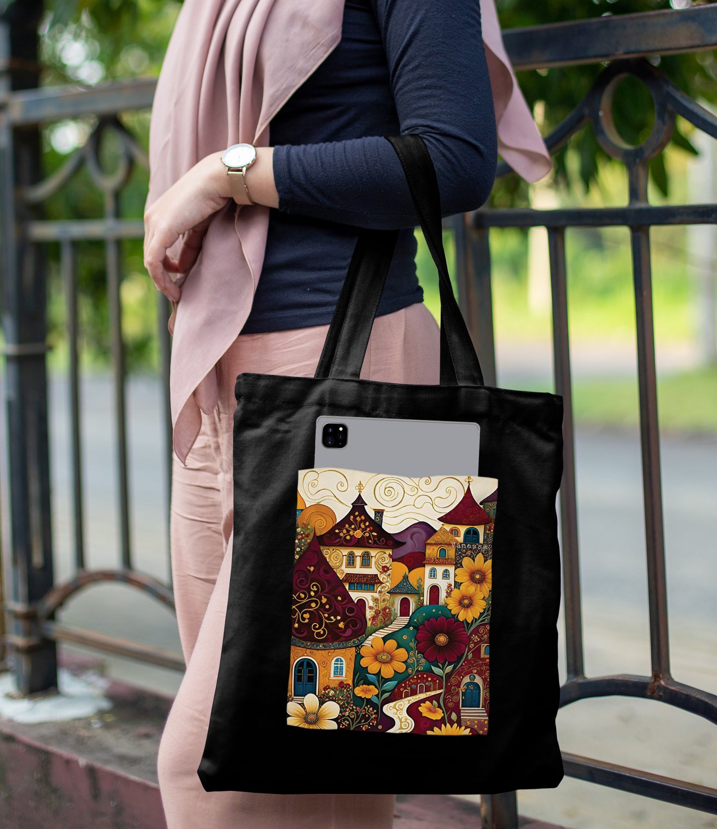 France city Art Design Printed Black Patch With Pocket Tote Bag (14 X 16 Inches) For Shopping, College, Travel