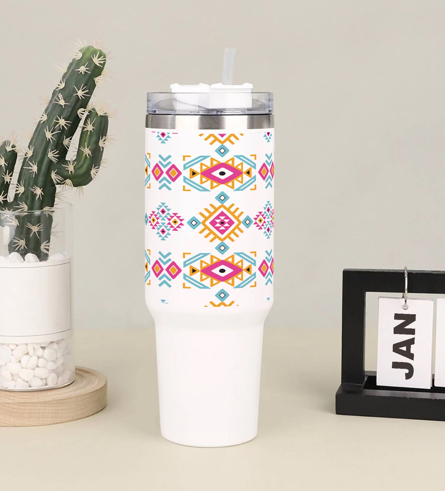 Hand drawn peruvian pattern Printed 850ML with Lid Leak Proof Big Travel Tumbler with Handle and Straw