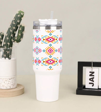 Hand drawn peruvian pattern Printed 850ML with Lid Leak Proof Big Travel Tumbler with Handle and Straw