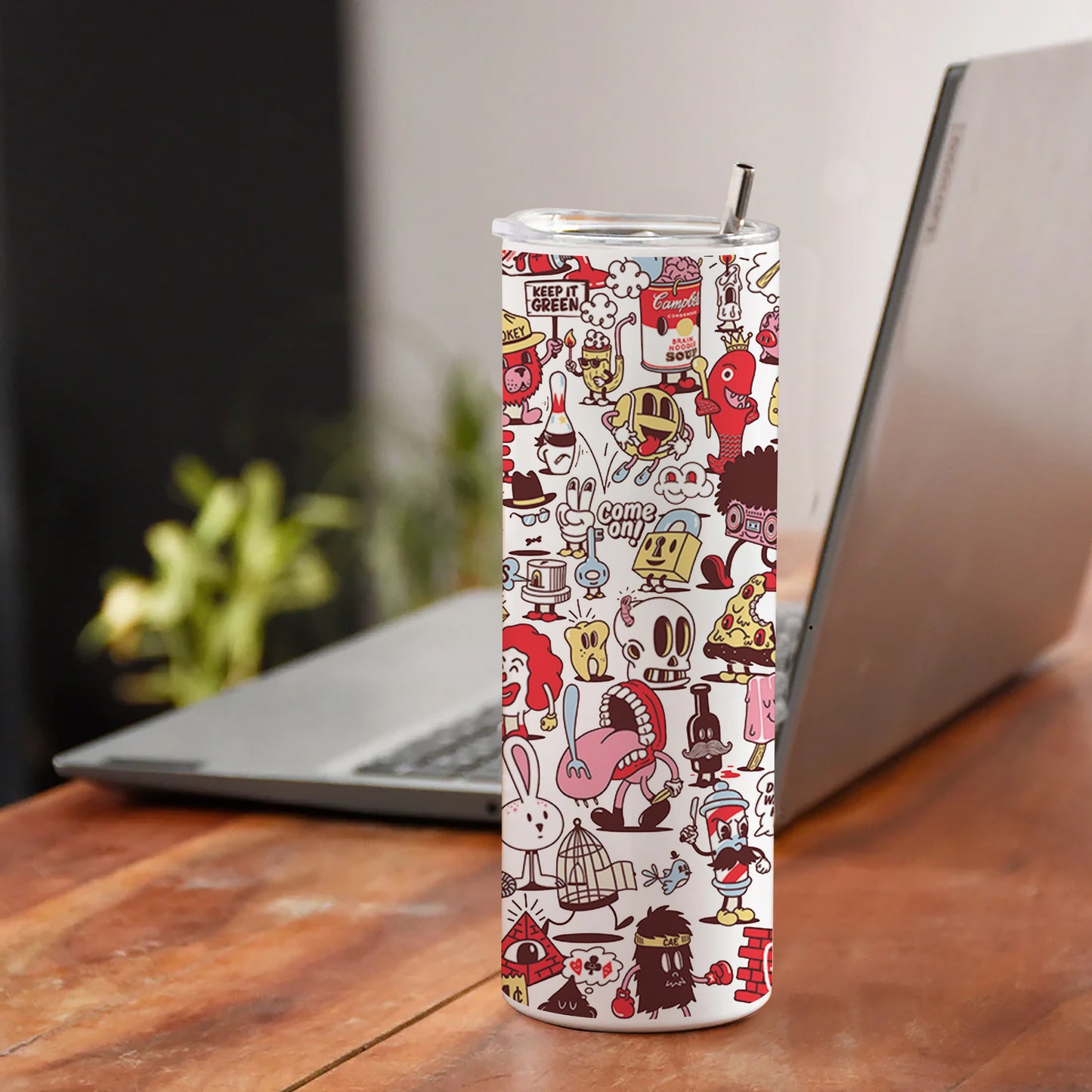 Cartoon doodle Pattern Printed 750ML with Lid Leak Proof Travel Tumbler with Straw