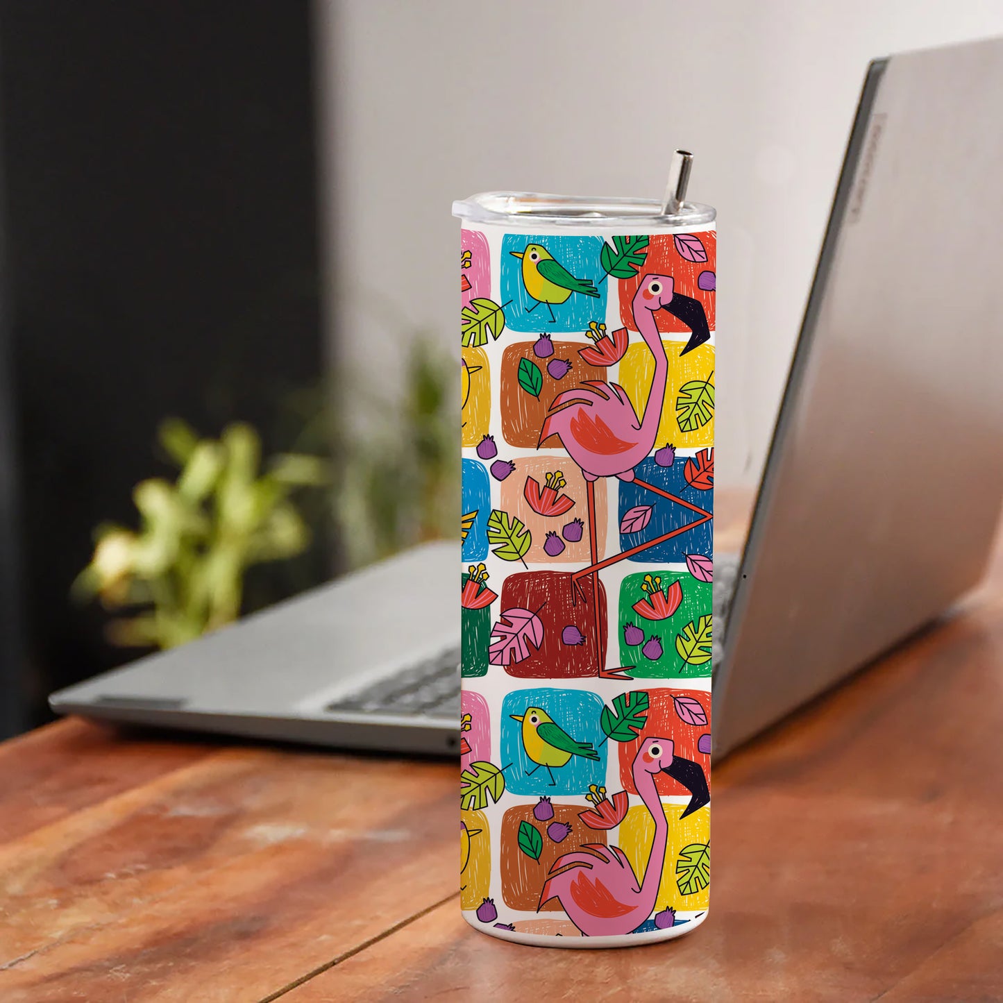 Childlike animals pattern design Printed 750ML with Lid Leak Proof Travel Tumbler with Straw