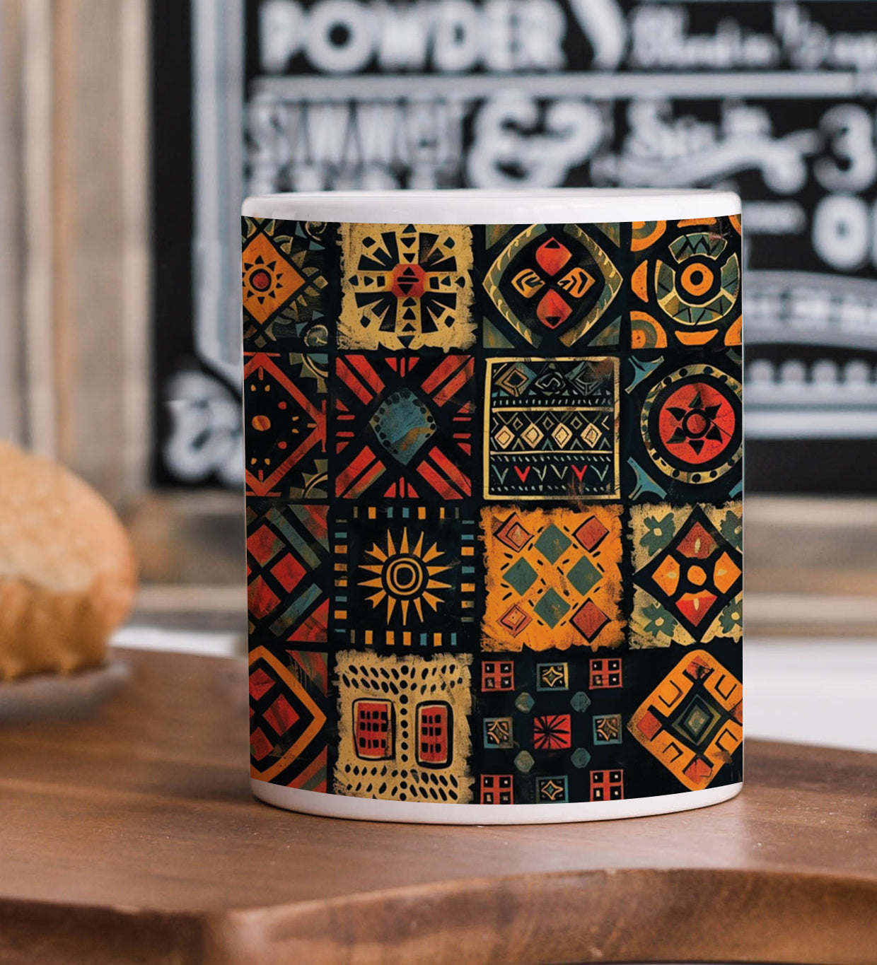 Colorful African Seamless Pattern Printed 330 ml White Coffee Mug with Square Shape Wooden Keyring and Chain