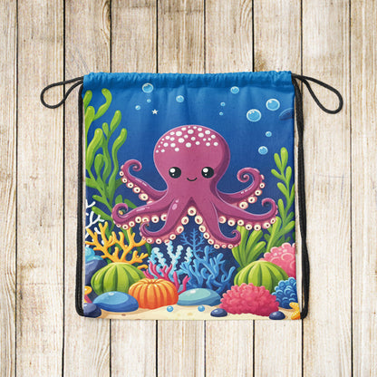 Octopus in Blue Sea Pattern Polyester String Backpack Bags for kids for Gym, Yoga, Tuition ,Beach Bag for 4-10 year boys and girls
