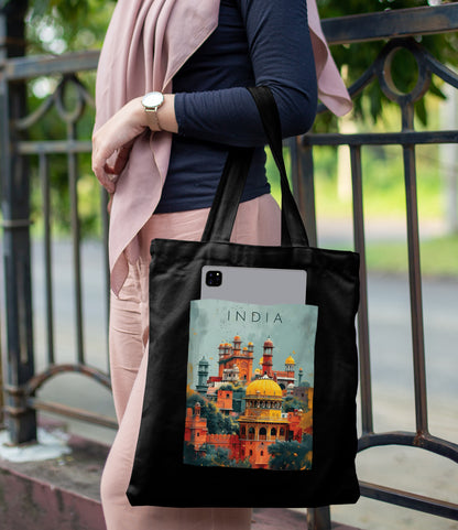 Indian Fort Vector Design Printed Black Patch With Pocket Tote Bag (14 X 16 Inches) For Shopping, College, Travel
