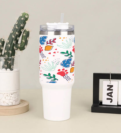 Hand drawn abstract element pattern Printed 850ML with Lid Leak Proof Big Travel Tumbler with Handle and Straw