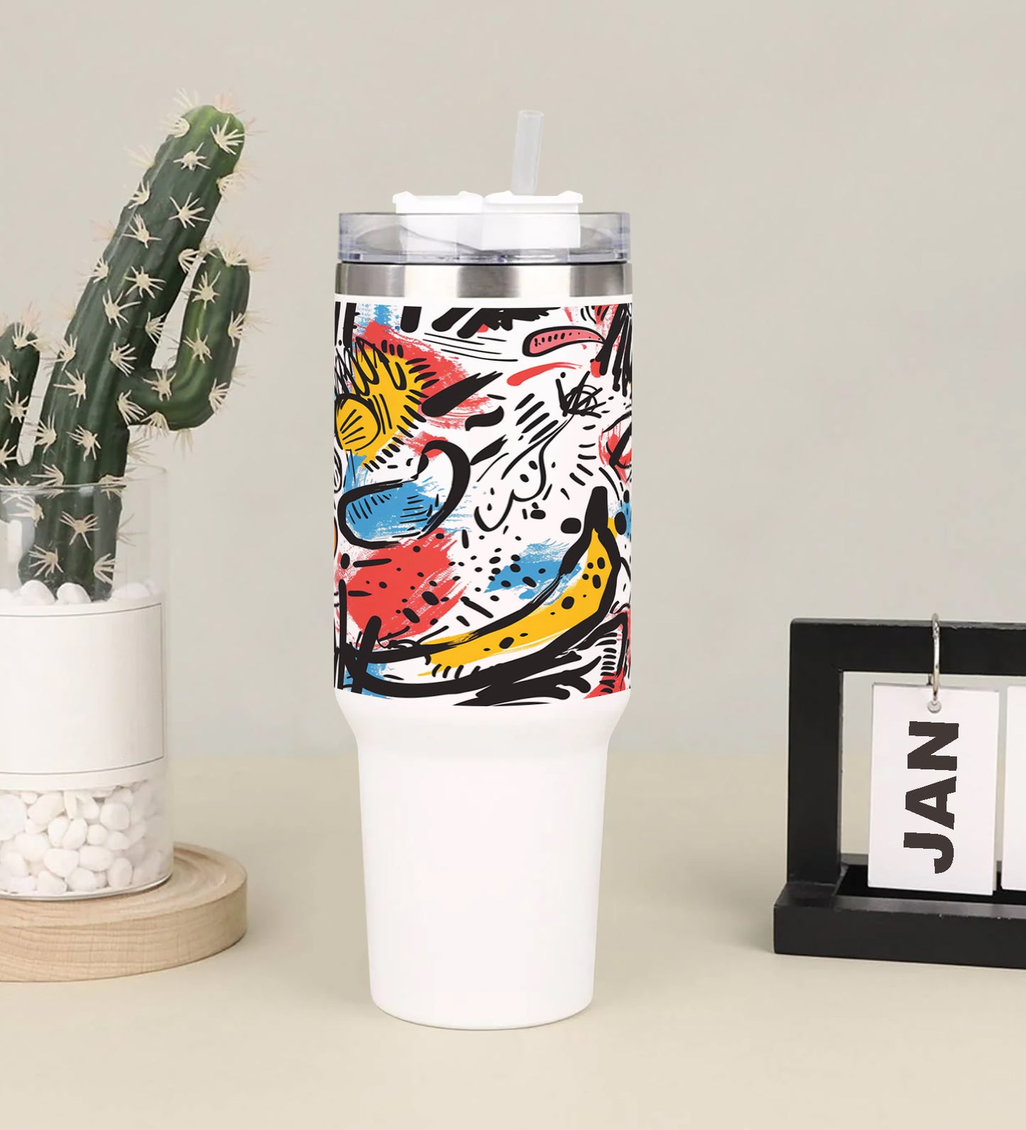 A colorful painting of a man with a yellow hat Printed 850ML with Lid Leak Proof Big Travel Tumbler with Handle and Straw