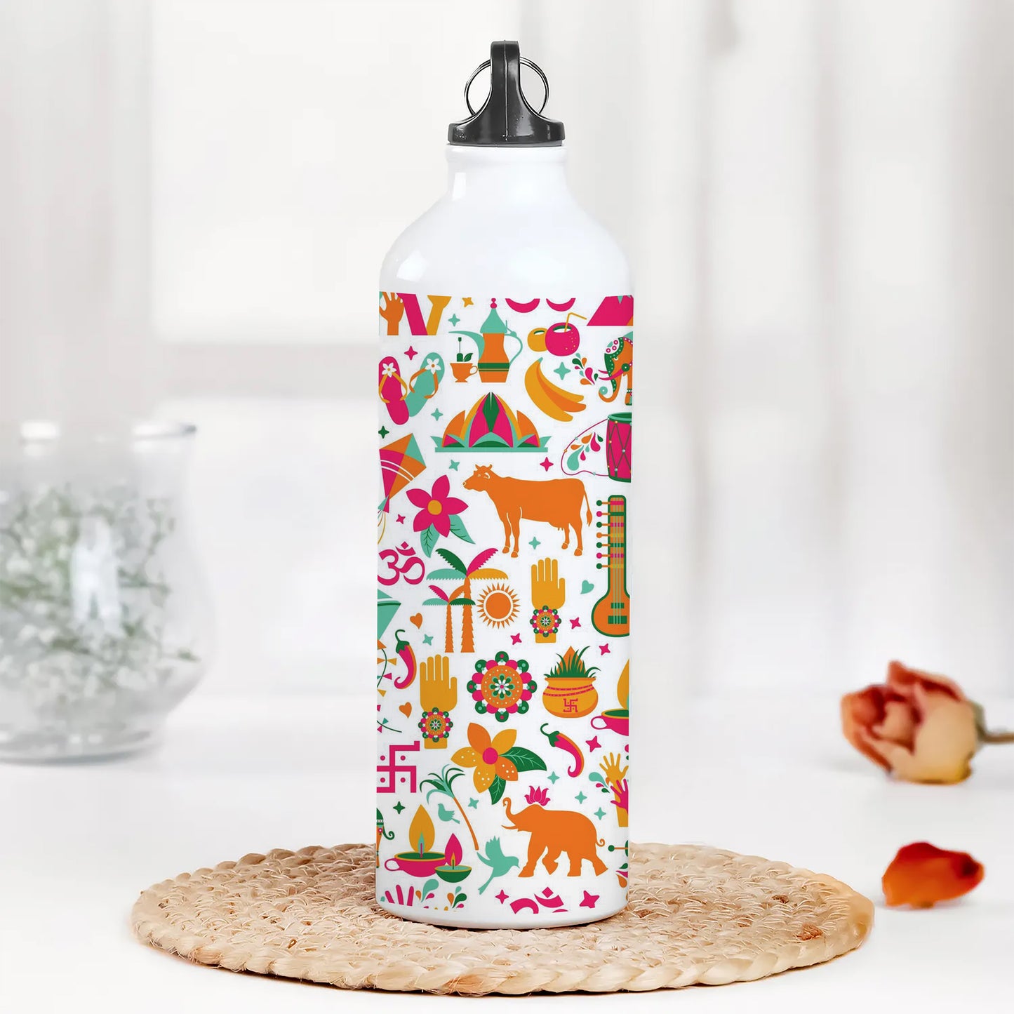 Indian architecture and Asian traditions set Pro Vector Printed Normal Sipper Water Bottle 750 ml For Gym, Yoga, Kids, Boys, Girls, Brother, Sister, Babies, Baby, Workout, Adults