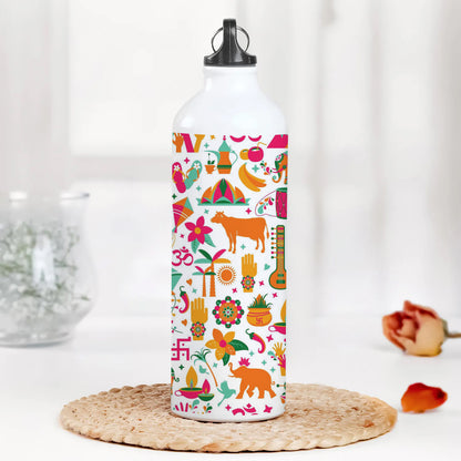 Indian architecture and Asian traditions set Pro Vector Printed Normal Sipper Water Bottle 750 ml For Gym, Yoga, Kids, Boys, Girls, Brother, Sister, Babies, Baby, Workout, Adults