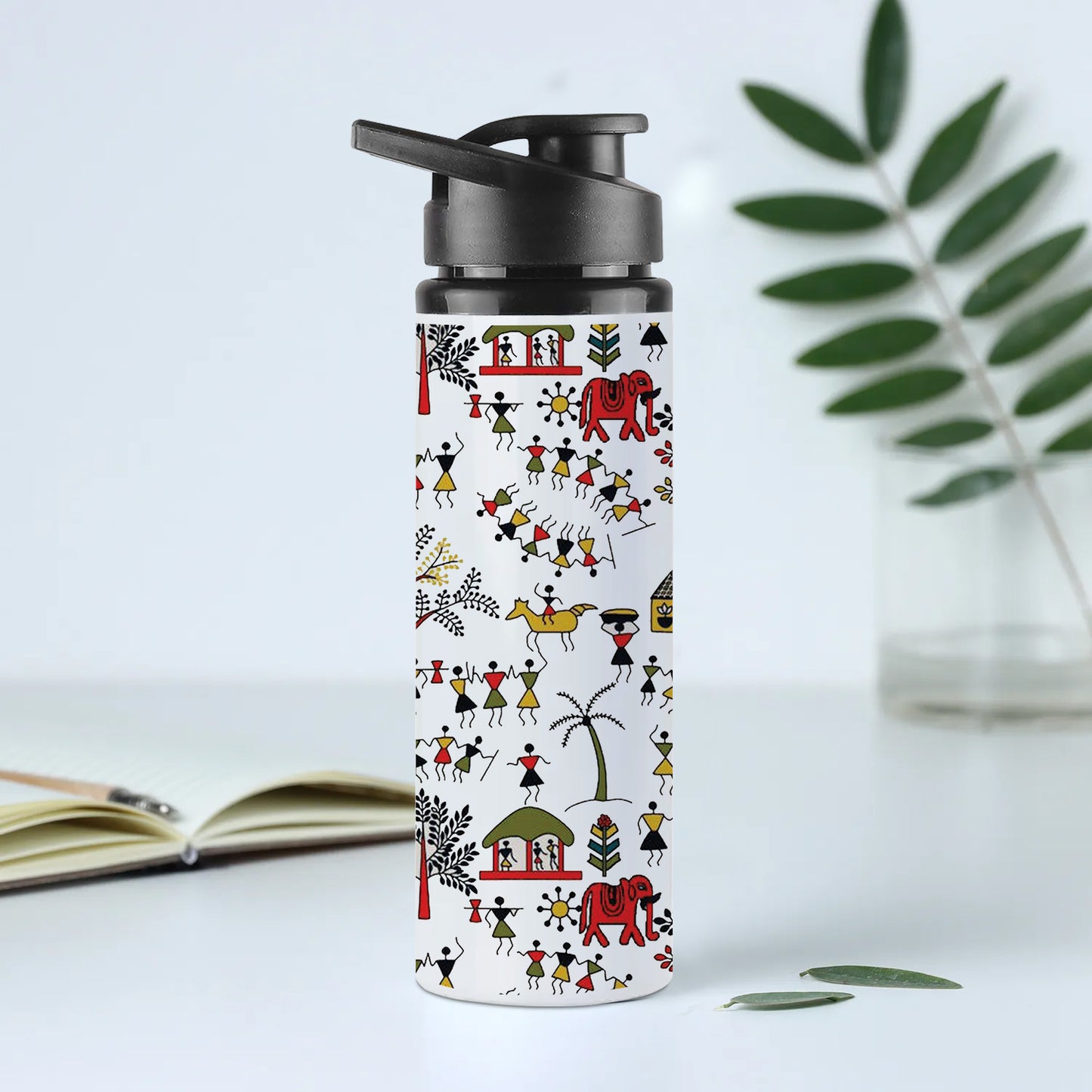 Hand drawn traditional the ancient tribal art India Printed Eagle Shape Water Bottle 750 ml For Gym, Yoga, Kids, Boys, Girls, Brother, Sister, Babies, Baby, Workout, Adults
