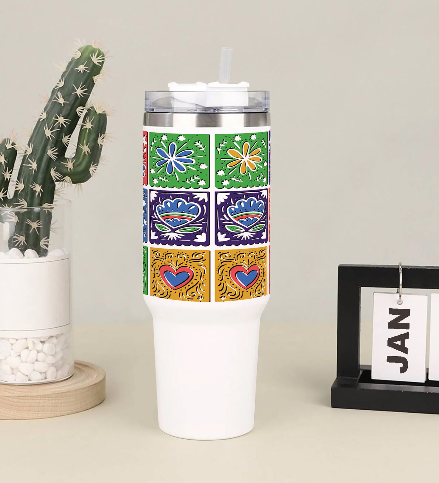 Mexican bunting design Printed 850ML with Lid Leak Proof Big Travel Tumbler with Handle and Straw