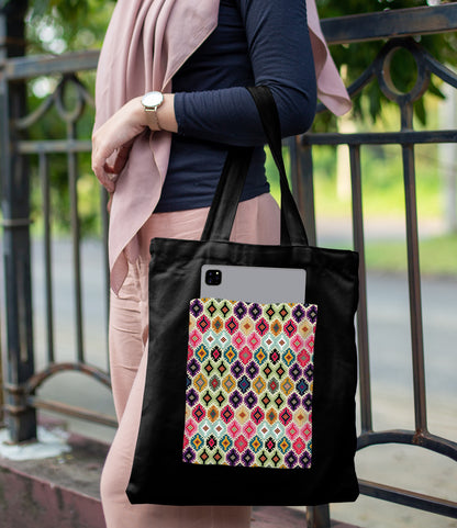 Abstract seamless pattern Design Printed Black Patch With Pocket Tote Bag (14 X 16 Inches) For Shopping, College, Travel