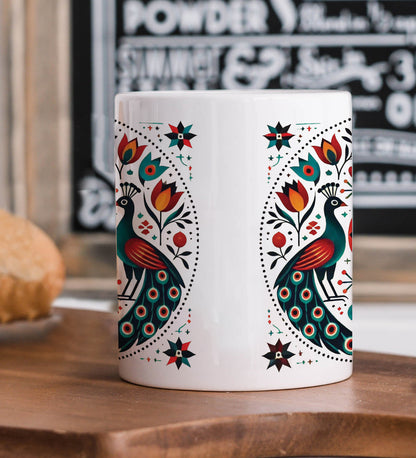 Pennsylvania Folk Art Pattern Printed 330 ml White Coffee Mug with Square Shape Wooden Keyring and Chain
