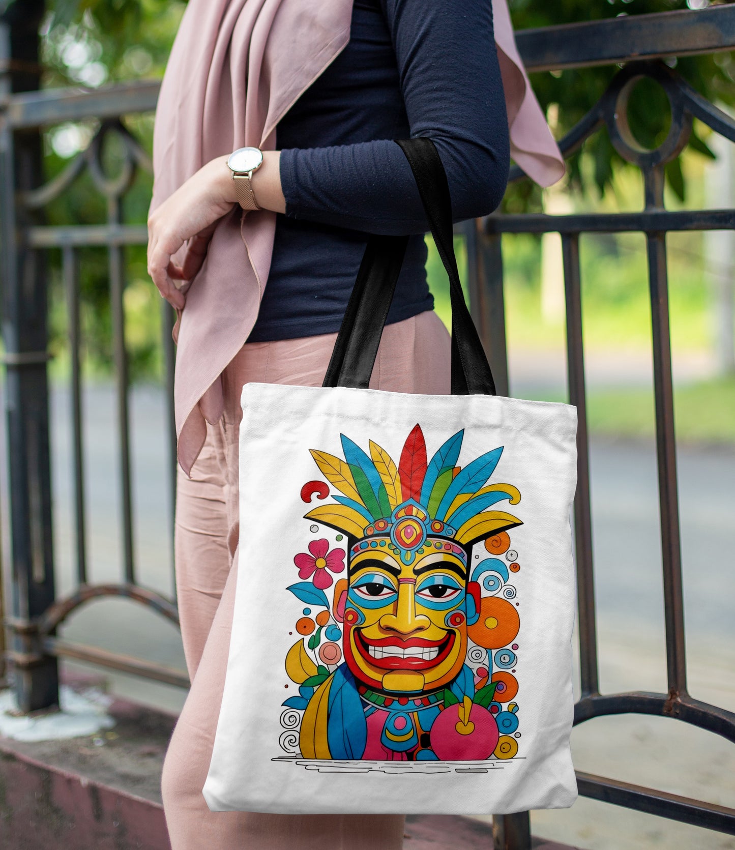 Tiki Tribal Mask Hawaiian Art Design Printed Black Handle Tote Bag (14 X 16 Inches) For Shopping, College, Travel