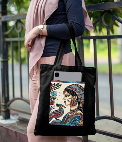 Modern Mandala Art Design Printed Black Patch With Pocket Tote Bag (14 X 16 Inches) For Shopping, College, Travel