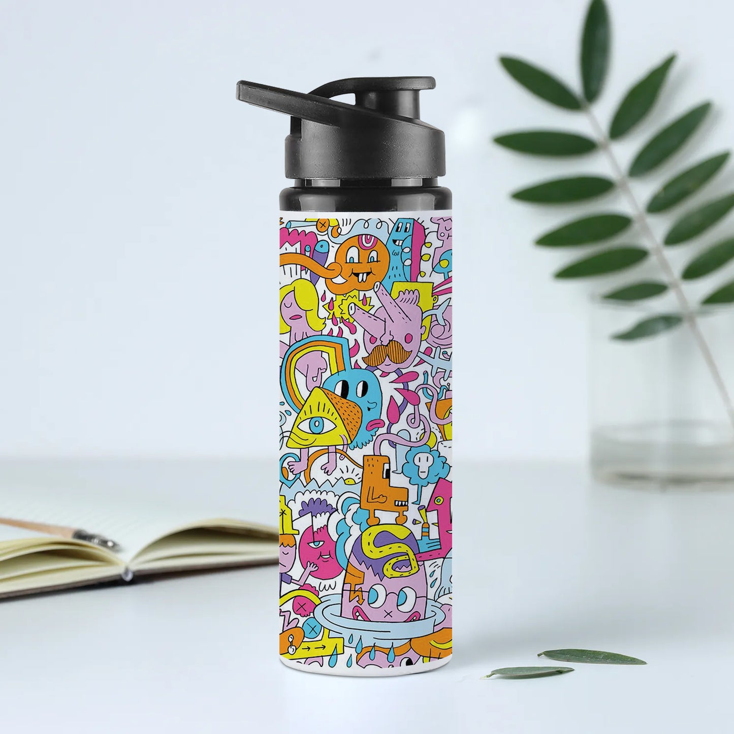 A colorful illustration of a group of people with different faces and the words Printed Eagle Shape Water Bottle 750 ml For Gym, Yoga, Kids, Boys, Girls, Brother, Sister, Babies, Baby, Workout, Adults