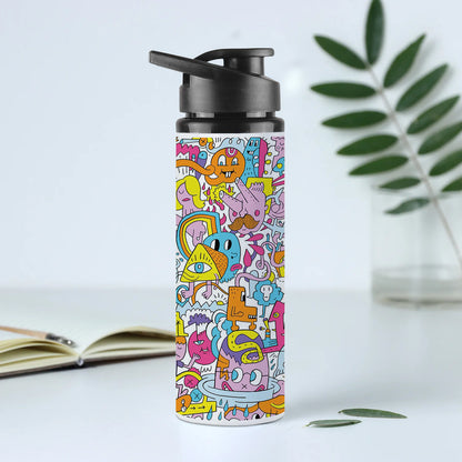 A colorful illustration of a group of people with different faces and the words Printed Eagle Shape Water Bottle 750 ml For Gym, Yoga, Kids, Boys, Girls, Brother, Sister, Babies, Baby, Workout, Adults