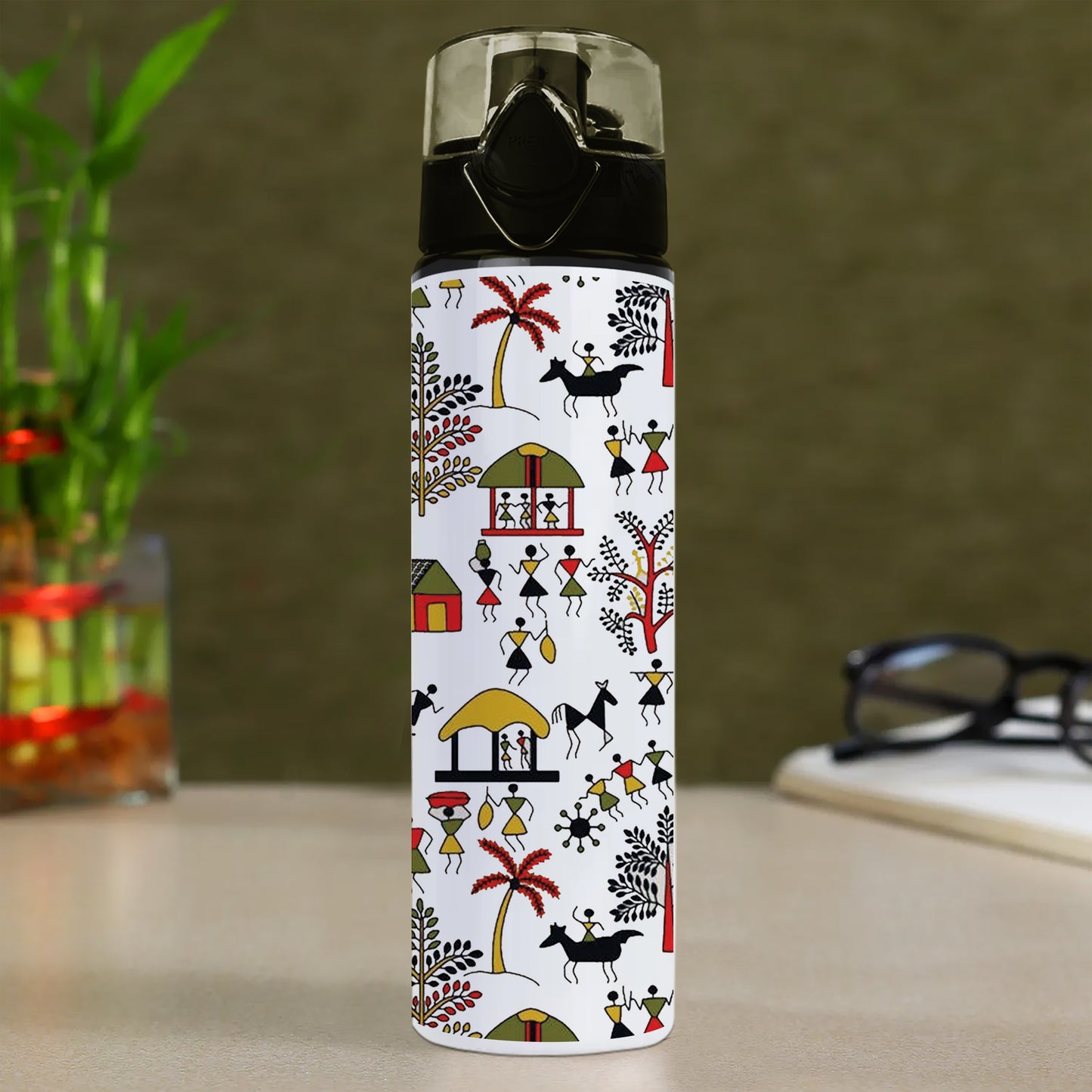 Hand drawn traditional the ancient tribal art India Printed Flip Flop Water Bottle 750 ml For Gym, Yoga, Kids, Boys, Girls, Brother, Sister, Babies, Baby, Workout, Adults