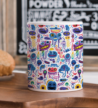 Multicolor Alien Creatures Design Mug and Keychain Combo 330 ml Coffee Mug